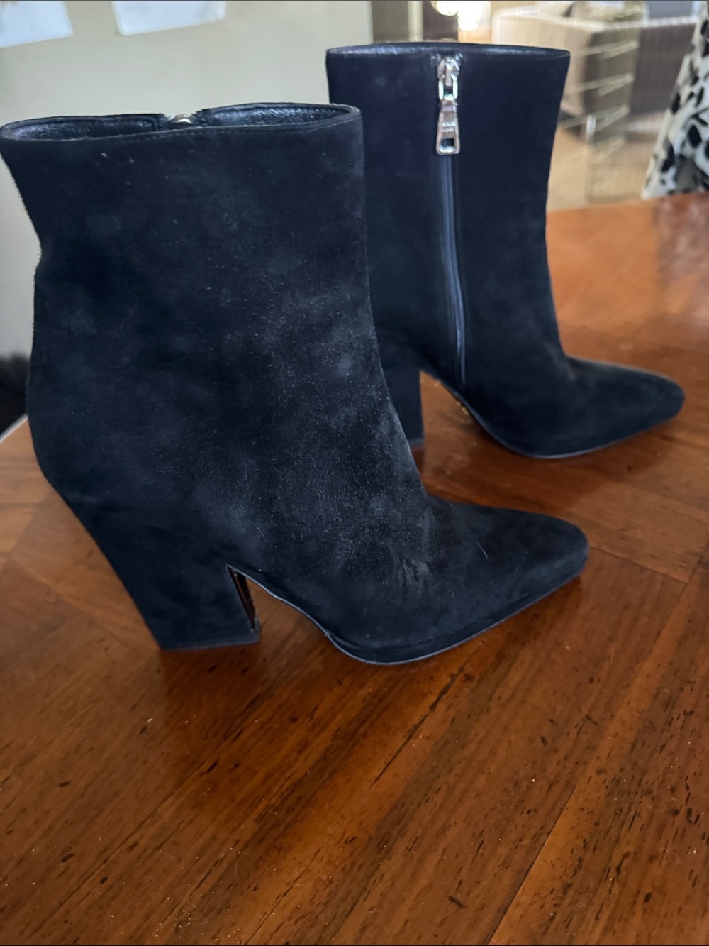 Prada Black Suede Pointed Ankle Booties with Chunky Heel